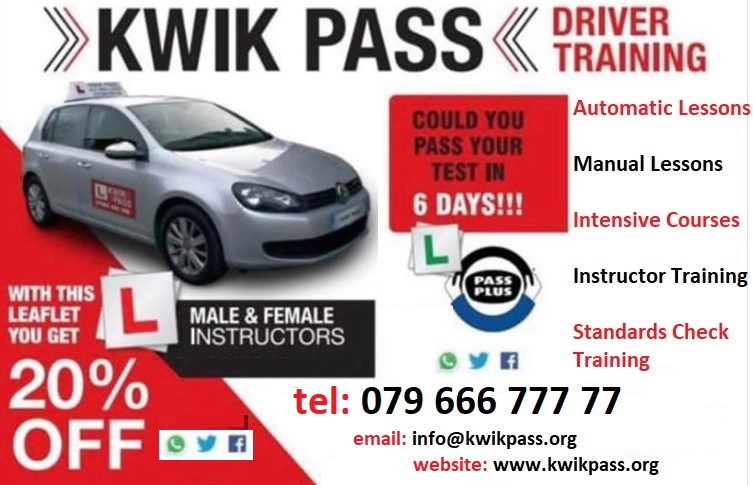 KWIK Pass 20% off leaflet for booking driving lessons