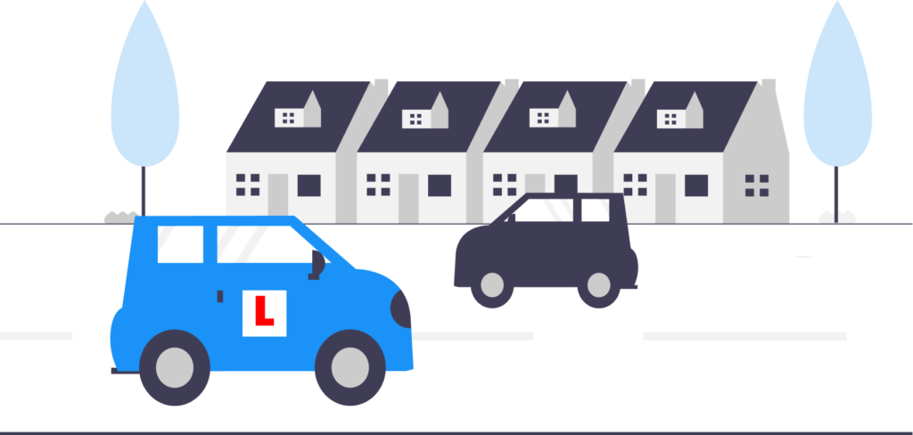 Illustration of two cars passing a row of houses